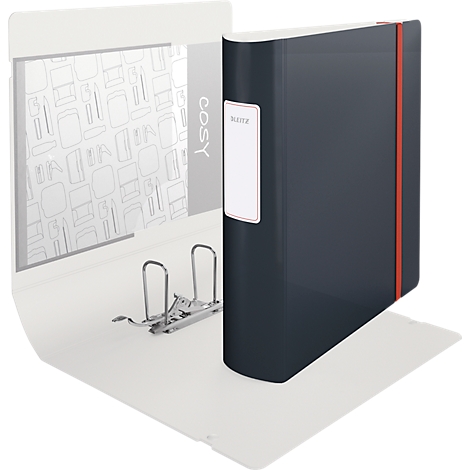 Classeur anthracite, élastique rouge, étiquette blanche. Ouvert, intérieur blanc, avec motif, mécanisme à levier.