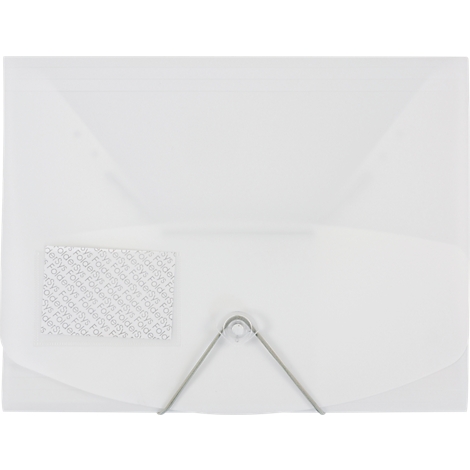 Chemise en plastique blanc avec fermoir en métal et étiquette adhésive.