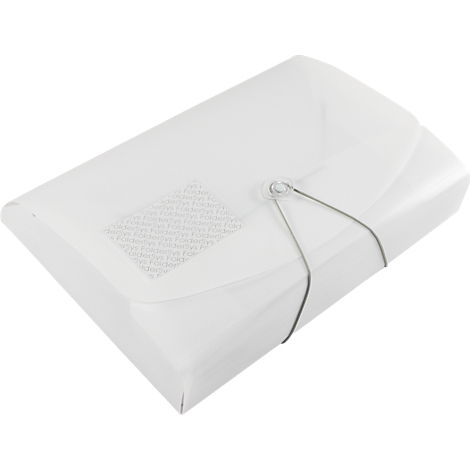 Une pochette de documents rectangulaire blanche avec une fermeture. Le produit est en plastique. Un fil assure la fermeture.