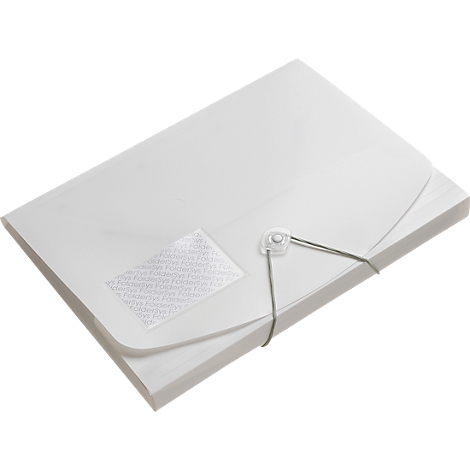 Dossier blanc, avec élastique et lettrage. Les pages sont disposées.