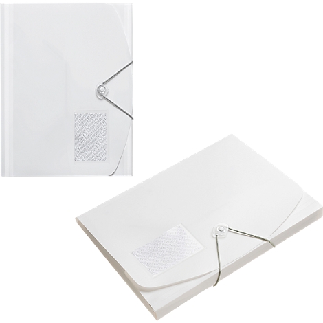 Enveloppe blanche avec fenêtre transparente et fermeture élastique.