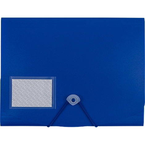 Chemise de document bleue avec étiquette blanche et fermeture élastique.