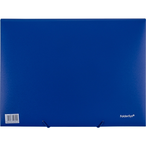 Classeur bleu, marque FolderSys. Code-barres, logo et support visibles.