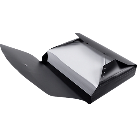 Porte-documents noir ouvert avec une pile de feuilles blanches. Le dossier est fermé par un élastique.