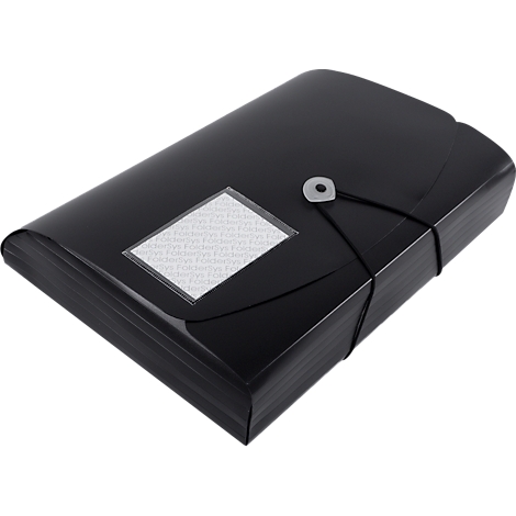 Chemise de documents noire, fermée par un élastique et une fermeture. Une étiquette blanche sur le devant.