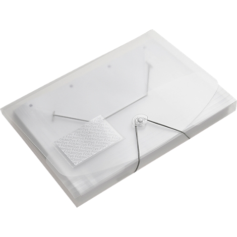 Pochette transparente pour documents avec papier et fermeture élastique.