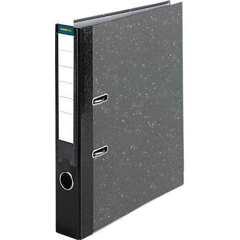 Classeur noir à motifs à pois, dos blanc et œillets métalliques.