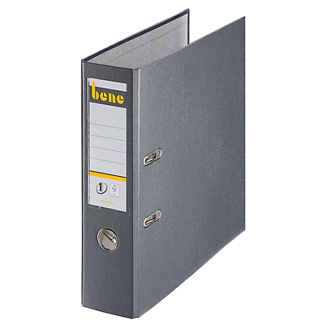 Classeur gris avec des accents jaunes et l'inscription 'bene'. Étiquette avec des informations.