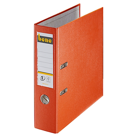 Un classeur orange ouvert avec une étiquette blanche et le mot 'bene'.