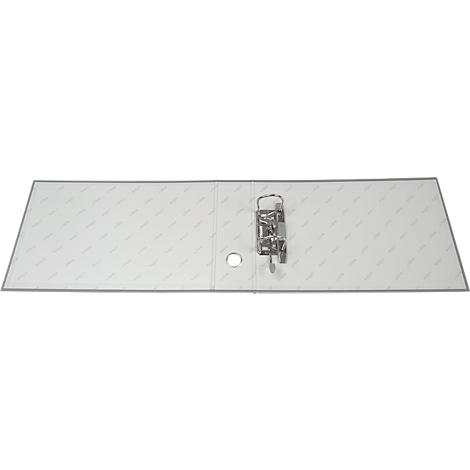 Classeur blanc ouvert avec clips métalliques et perforation.
