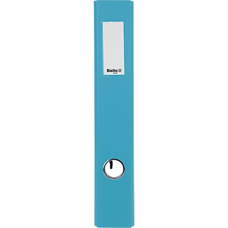 Classeur turquoise avec zone d'étiquetage blanche, avec un élément rond en dessous.