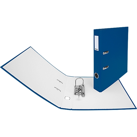 Classeur bleu, ouvert et installé. Intérieur gauche blanc, droit debout.