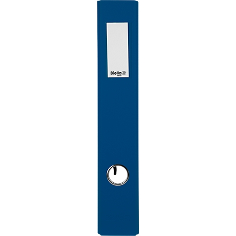 Classeur bleu avec étiquette blanche et lettrage Bielio, serrure ovale.