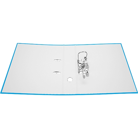 Classeur blanc ouvert avec bordure bleue et mécanisme métallique.