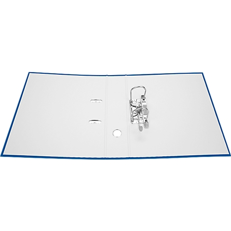 Classeur bleu, ouvert. Intérieur blanc, avec mécanisme à levier en métal.