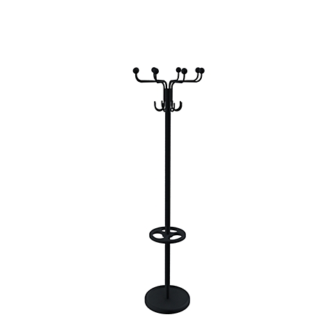 Black coat rack with hooks and knobs, on white background.