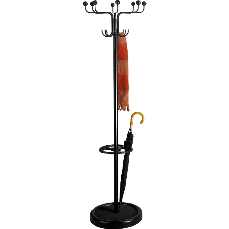 Black coat stand with umbrella and scarf. The umbrella is black with a yellow handle. The scarf is orange-red with fringes.