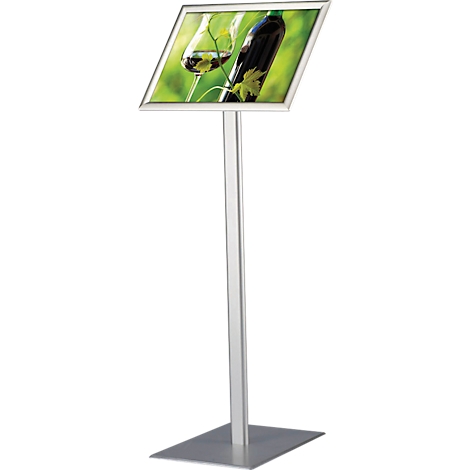 Advertising stand with picture of wine and glass. Stands on a silver foot, which stands on a rectangular plate.