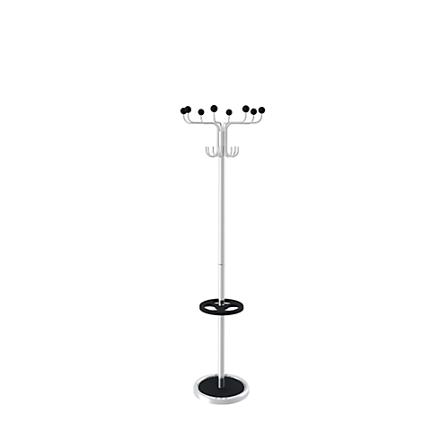 Silver coat rack with black knobs, hooks, and a round base.
