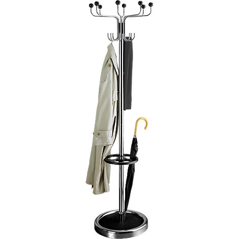 A silver coat rack with black base. A beige coat, a black scarf and an umbrella hang on it.