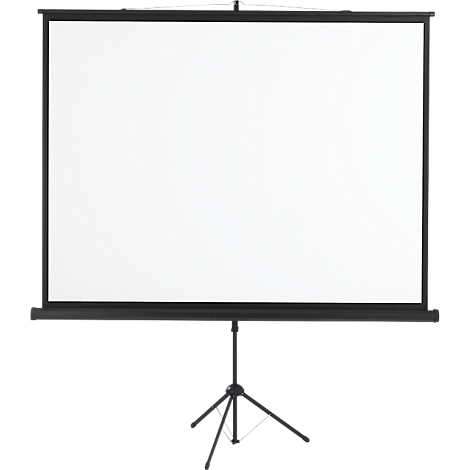 A white projection screen on a black tripod. The screen is rolled out, the background is white.