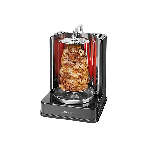 Vertikaler Dönergrill von Clatronic mit gegrilltem Fleisch am Spieß auf weißem Hintergrund.