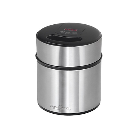 Rundes ProfiCook Vakuumiergerät aus Edelstahl mit schwarzem Deckel, digitalem Display und Bedienfeld.