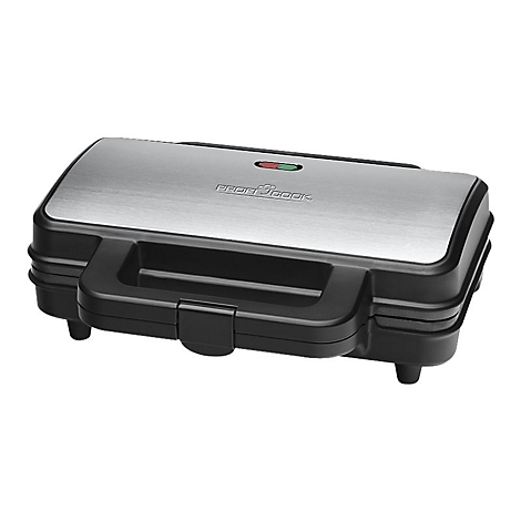 ProfiCook Sandwichmaker in Schwarz und Edelstahl vor weißem Hintergrund.