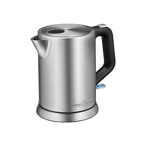 Moderner, zylindrischer Wasserkocher aus gebürstetem Edelstahl mit schwarzem Griff und Logo.