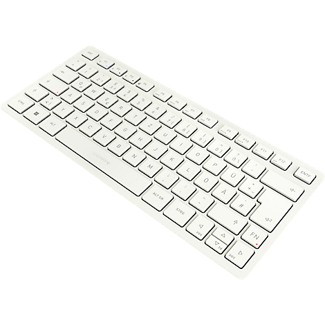 Clavier blanc en perspective oblique. Les touches sont étiquetées et entourées de bordures sombres.