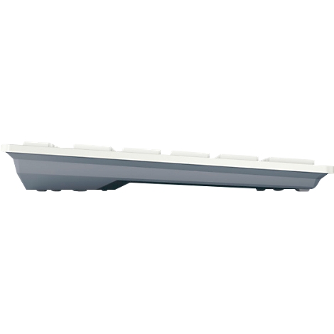 Vue latérale d'un clavier gris. Au-dessus des touches se trouve une surface blanche.