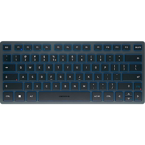 Clavier bleu sans fil avec touches éclairées. Clavier noir avec lettres et symboles blancs.