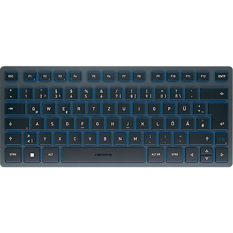 Clavier sans fil avec rétroéclairage bleu. Touches noires, lettrage blanc. Les lettres et les chiffres sont clairement visibles.