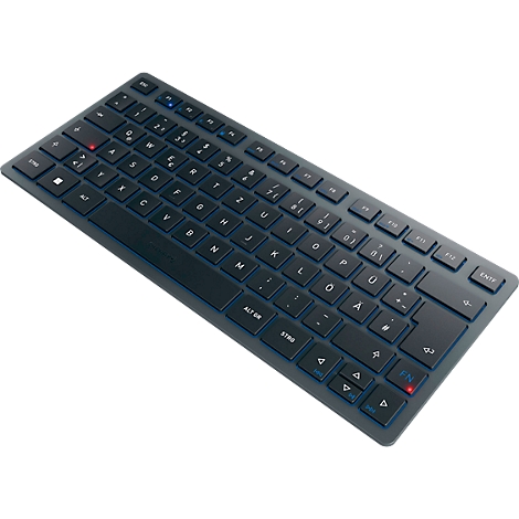 Un clavier plat gris foncé avec des lettres blanches et un rétroéclairage bleu. Certaines touches sont éclairées en rouge.