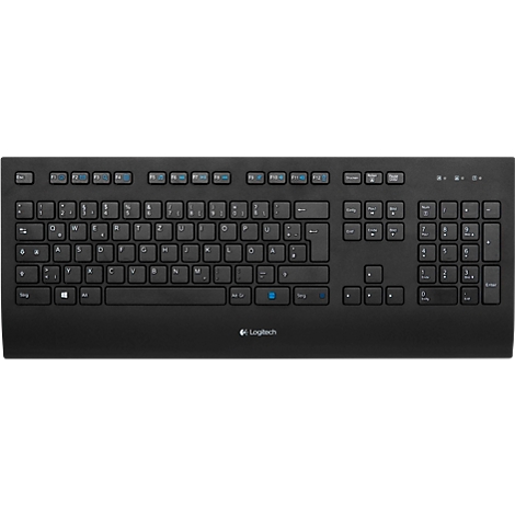 Clavier Logitech noir avec disposition allemande QWERTZ, vue de dessus sur fond neutre.