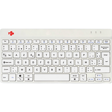 Clavier gris clair avec des lettres françaises. Un logo en rouge est dans le coin supérieur gauche. Les touches sont blanches avec des lettres noires.