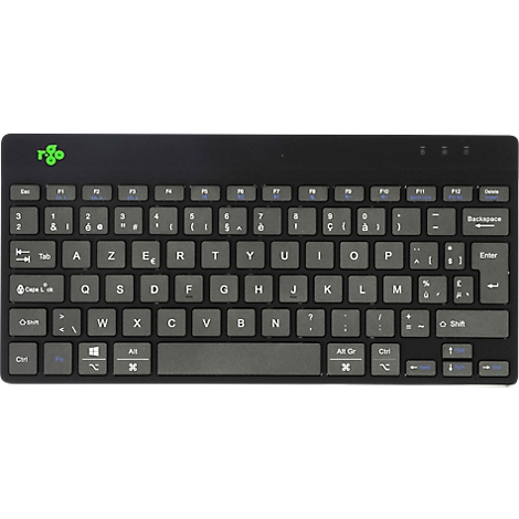 Clavier noir avec lettres françaises, logo vert en haut à gauche. Les touches affichent des lettres, des chiffres et des caractères spéciaux.