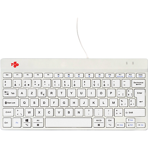 Clavier gris clair avec caractères de clavier français et connexion par câble. Logo à gauche, LED en haut.