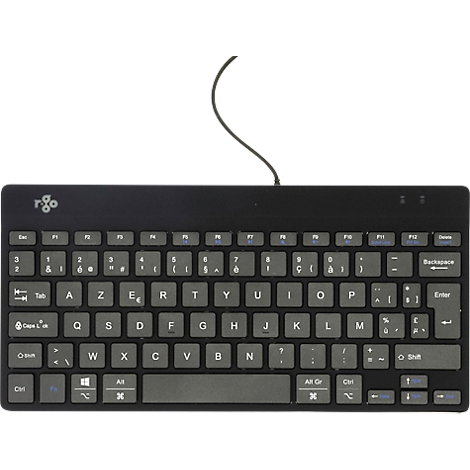 Clavier noir compact avec touches grises. Le câble est fixé en haut au centre.