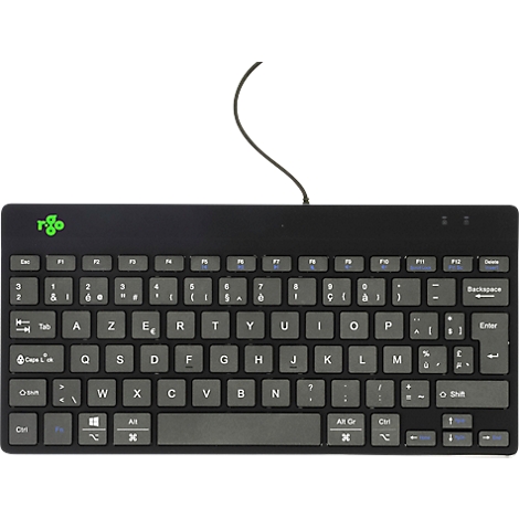 Clavier compact noir avec touches grises, connexion par câble et logo vert de l'entreprise.