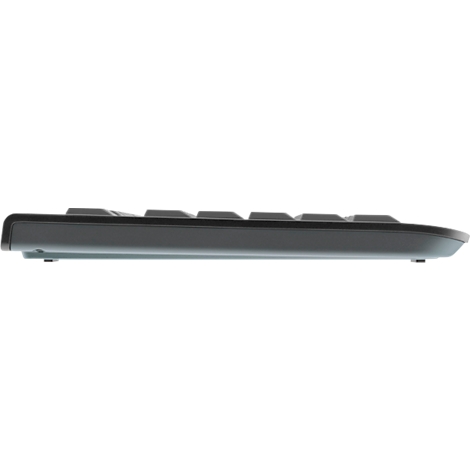 Vue latérale d'un clavier noir ; focus sur les bords et les touches.