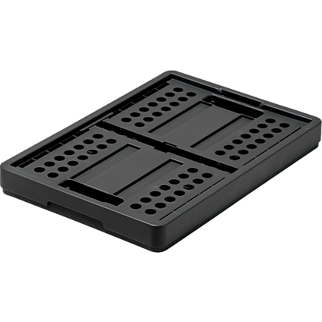 Black, rectangular plastic box with holes, divided into several compartments.