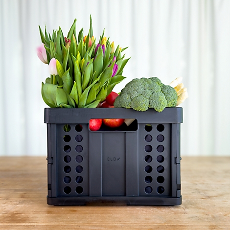 Black crate with vegetables and flowers on a wooden surface.