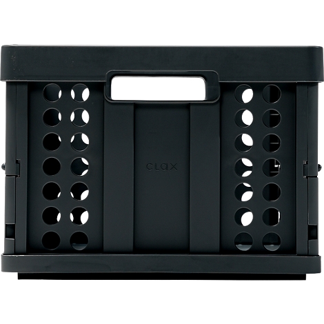 Black foldable basket with handle. There are holes on the side. In the middle it says CLAX.