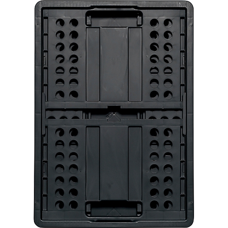 Dark rectangular box with handles and holes. The box is foldable and has a textured surface.