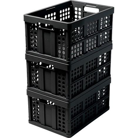 Three black stackable transport boxes. The boxes have handle recesses and hole patterns.