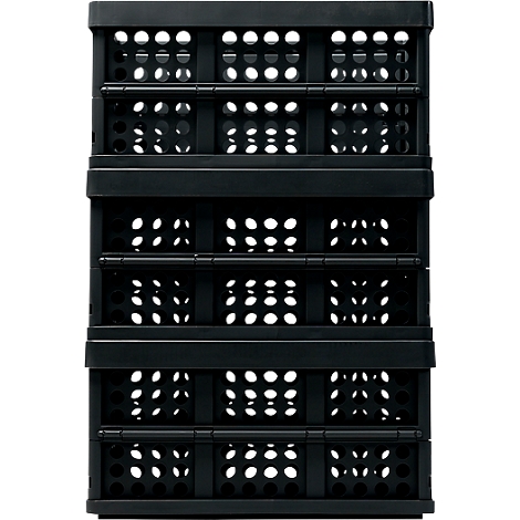 Black, multi-tiered, perforated plastic crate. The structure features rectangular openings forming a grid.
