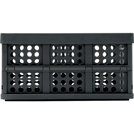 Dark grey, folded box with holes. The box is divided horizontally, top and bottom are connected with hinges.