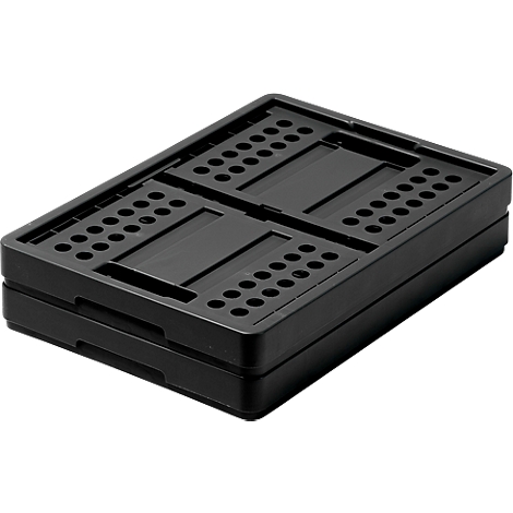 Black, folded plastic box with holes.