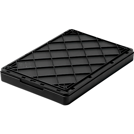 Black rectangular box with a ridged lid. The lid's structure is arranged in a grid.